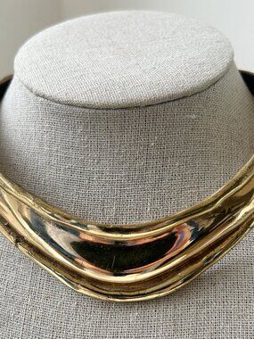 Vintage Gold Metal Choker Necklace Signed Allen Jacobsen Modernist Brutalist